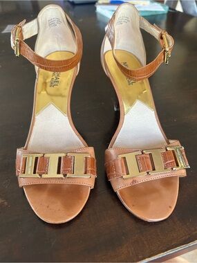 Michael Kors Brown Leather Ankle-Strap Heels with Gold detail